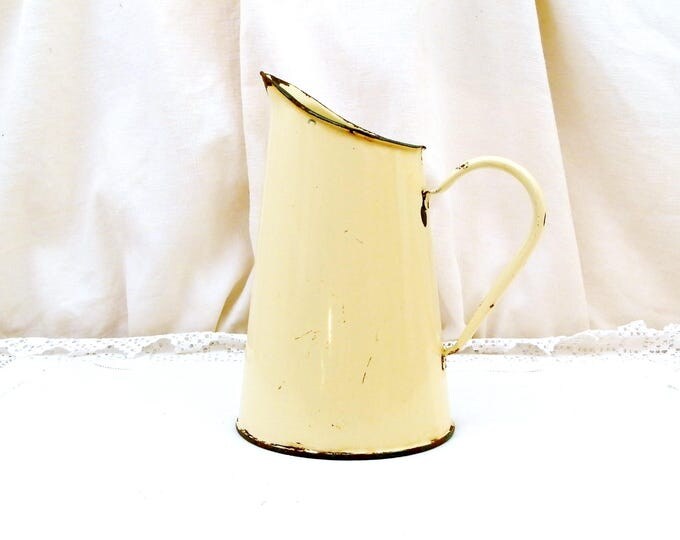 Small Antique French Pale Yellow / Beige French Enamelware Pitcher, Chippy Enamel Jug / Vase