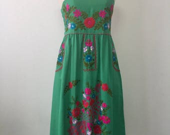 Embroidered Mexican Sundress Cotton Strapless Dress In Green, Beach Dress, Swim Cover Up, Boho Dress