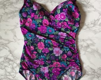 floral one piece swimsuit | 1980s wrap top maillot