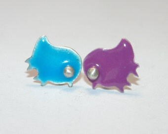 Sale SE434 + Artisan New Hand Made Tweety Tweet Chick Twitter Sterling Silver Blue + Purple Birds Studs Earrings Jewelry For Her 925