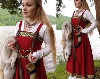 Red and gold viking apron dress