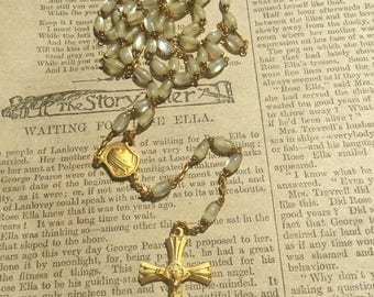 Vintage Rosary . Five Decade Rosary . Religious Cross Crucifix . Prayer Necklace . Gold Toned .