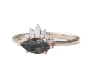 Marquise Black Diamond Ring ,Diamond Engagement Ring, Black Diamond Crown Engagement Ring, Antique Engagement Ring, Vintage Engagement Ring