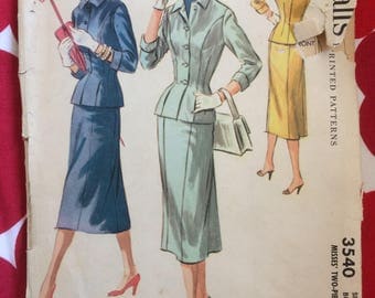 1950s 50s Suit Skirt Jacket Original Vintage Sewing Pattern McCalls 3540 Bust 36