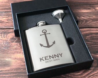 Engraved hip flask, personalized flask, nautical, groomsmen gift, groomsman gift, groomsman flask, beach wedding, fishing gift, navy, anchor