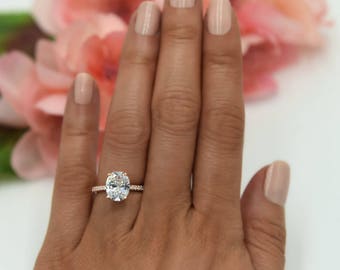 3.25 ctw Oval Accented Solitaire Ring, Blake Engagement Ring, Bridal Ring, Man Made Diamond Simulants, Sterling Silver, Rose Gold Plated