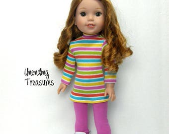 14 inch doll clothes AG doll clothes multi striped turtleneck tunic top and rose pink leggings made to fit like wellie wishers doll clothes