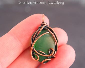 Sea Glass Necklace - Dark Green - Freeform Copper Pendant - Double Sided - Reversible - Antiqued - Sea Glass Jewellery - From the Ocean