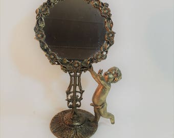 Vintage Ornate Brass Art Nouveau Cherub Design Vanity Mirror 12" Tall