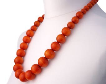 Long Orange Wooden Bead Necklace | Chunky Orange Necklace | Long Orange Necklace