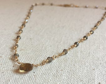 Smokey quartz and citrine gemstone gold necklace