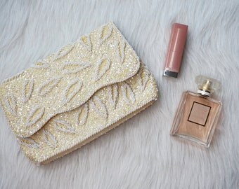 Le Regale Cream Sequined Clutch, 1950s, Vintage
