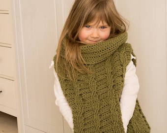 CROCHET PATTERN cable poncho Cora with pocket and oversized cowl (toddler and kids sizes)