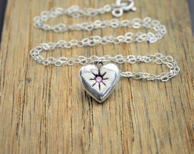 Mothers Necklace, Silver Heart Necklace, Pink Tourmaline, Tourmaline Necklace, Dainty Heart Necklace, Mothers Necklace, October Birthstone