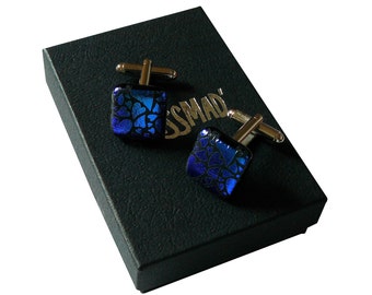 Handmade fused glass blue @Hearts' cufflinks. Totally unique!