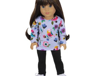Fits Like American Girl Doll Clothes. Lavender Bird Top and Black Leggings.