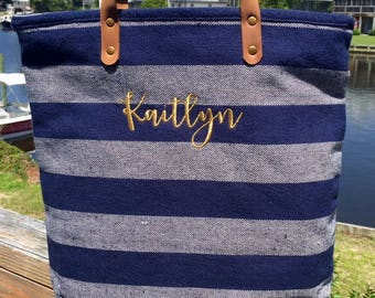 Monogrammed Tote Navy Striped Tote Personalized Tote Bag Bridesmaids Gifts Weddings Bridal Shower Gifts Monogrammed Bags Highway12Designs