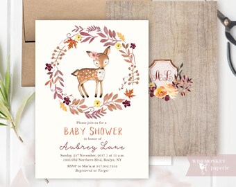 Fall Baby Shower invitation - Woodland Autumn invite - A little deer card - Baby girl invitation - customizable digital printable DIY