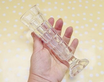 Pair of Vintage Pressed Glass Small Vases / Bud Vases / Candlesticks Two Clear Chunky Ornaments Mid Century