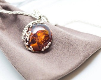 Baltic Amber Necklace, Amber Pendant, Amber & Silver Pendant, Silver Amber Necklace, Amber Jewellery UK, Amber jewelry, cognac amber, modern