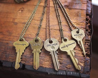 Vintage Key Necklace | Hand Stamped Custom Personalized Repurposed Upcycled Inspirational Giving Personalized Jewelry Gift