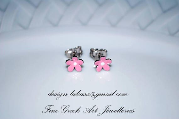 Pink Enamel Flower Stud Earrings Sterling Silver white Gold plated Handmade Jewelry Baby Girl Moda Gift Kids Collection Floral Design