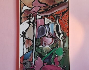 ORIGINAL Large Painting "Before Accomplishment" // Abstract Framed Serigraph Art, Modern Tempera & Ink Screenprint, Red Surrealism Fine Art