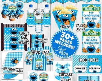 Cookie Monster Party, Cookie Monster Birthday Decorations, Cookie Monster 1st Birthday, Sesame Street Party Kit Package | Charm Bits Design