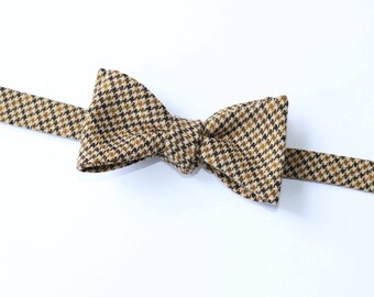 Houndstooth Wool Bow Tie~Black & Tan Houndstooth Bow Tie~Mens Self Tie Bow Tie~Mens Pre-Tied~Anniversary Gift~HoBo Tie~Wedding~Wool Bow Tie~