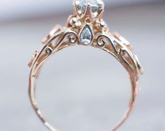 Rustic Salt and Pepper Diamond in Rose Gold 14K 585 Engagement Swirl Swirly Elvish Filigree Vintage Pear Accent Diamonds