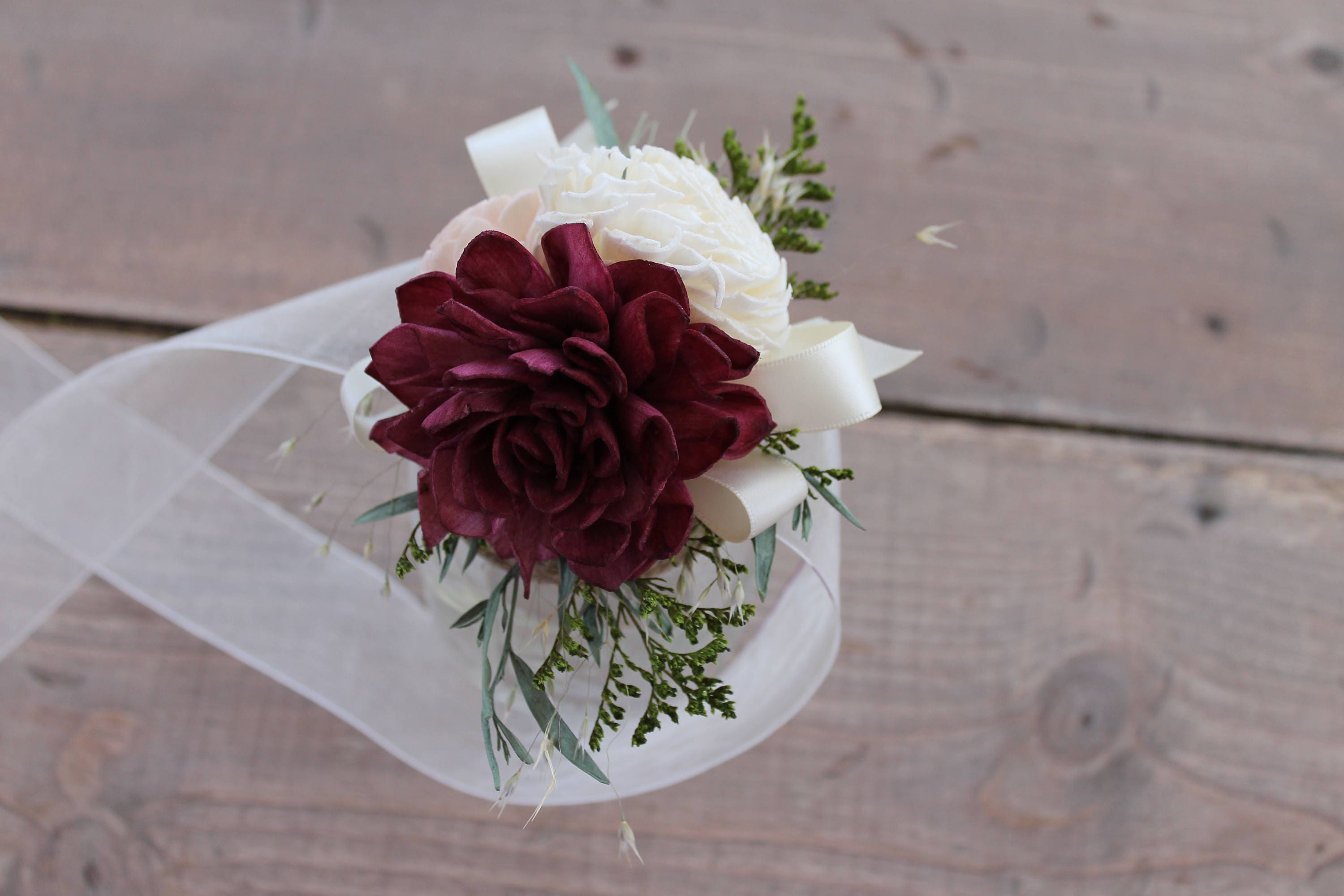 Dahlia Sola Flower Corsage Wine & Blush Pink Wrist Corsage