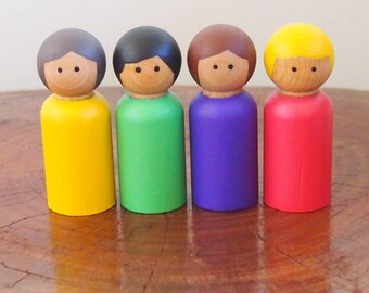 Rainbow peg dolls - Waldorf / Steiner style, set of 4 (yellow, green, purple and pink with blonde hair)