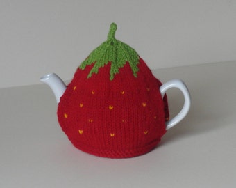 Knitted strawberry tea cosy - Small 1-2 cup strawberry teapot cosy - Medium 4-6 cup strawberry tea cosy - Large 6-8 cup red teapot cosy