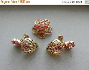 Summer Sale Vintage Pink Flower Costume Jewelry Brooch and Earrings Set