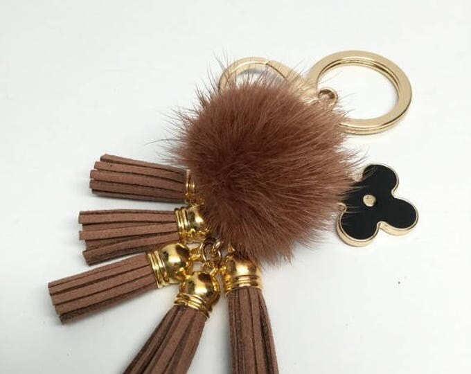 Cute Genuine Mink Fur Pom Pom Keychain with suede tassels and flower charm in Brown