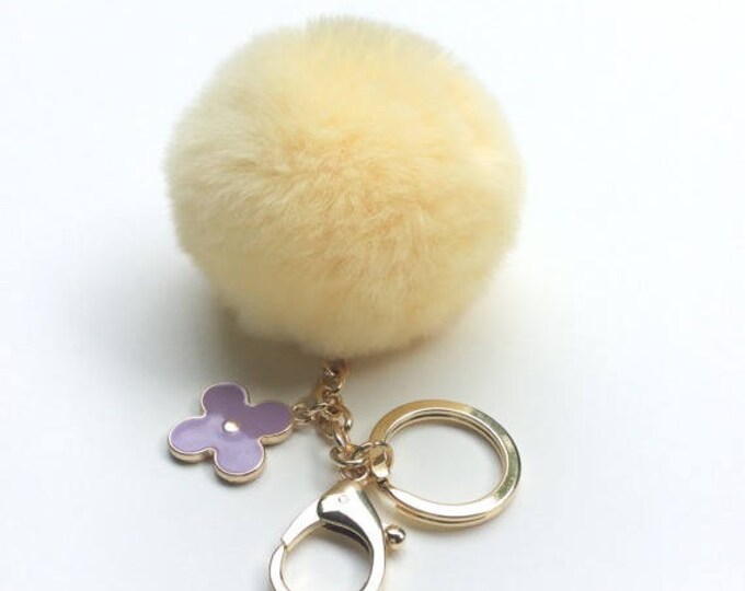 New! Summer Collection Peach Cream fur pom pom keychain bag charm flower clover keyring