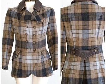 Double breasted brown and gray plaid riding jacket style coat with leather collar