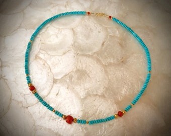 necklace with #8 turquoise beads antique vintage coral solid gold 18 karat 22 karat 750
