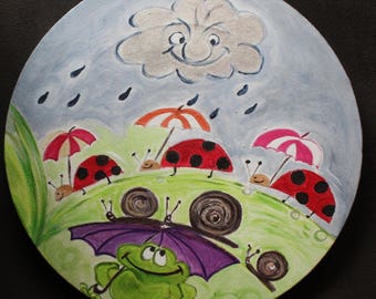 Painting acrylic children fall frog beetle snails 30 X 30 cms