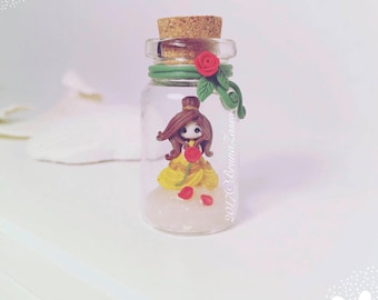 Fimo Polymer Clay necklace Kawaii Cute Chibi Belle Disney Princess Princess Flask tiny Pink Rose beautiful beast Gift Handmade Charms