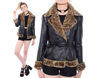 Vintage 90s Black Leather FAUX FUR TRIM Leopard Print Belted Trench Coat Spy Jacket Cyber Goth S M vtg
