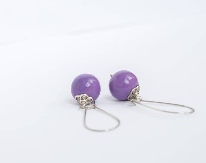 Long purple earrings, Purple long earrings, Long earrings, Earrings ball, Dangle ball earrings, Purple wedding earrings, Long earings 15mm