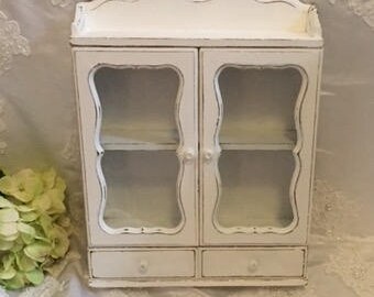 Hanging Cabinet Spice Rack Cabinet Vintage Wooden Shabby Chic Shelves White Kitchen Storage Handpainted Farmhouse Decor