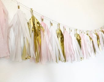 Blush and Gold Tassel Garland | Tassel Banner | Blush Party Decor | Bridal Shower Party Decor | Baby Shower Party Decor | Pale Pink Party