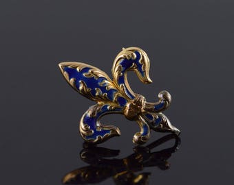 14k Blue Enamel Fleur De Lis Watch Fob Pin/Brooch Gold
