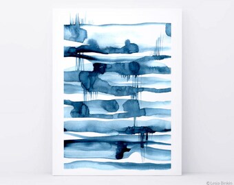 The Mirror Lake, blue art, blue abstract, watercolor print, indigo poster, blue painting, blue modern abstract, minimalist print