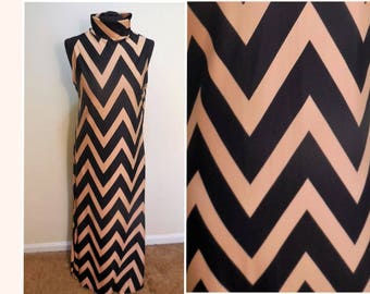 Maxi Dress Jersey 16 Size Sleeveless Knit Long Women's Clothing Retro Vintage Clothes Chevron Print Black Taupe Colors