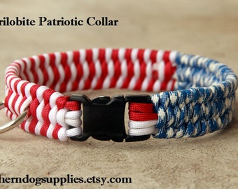 Paracord Dog Collar Patriotic red, white, blue american flag, 3 color trilobite Southern Dog Supplies dogs puppies pets animals