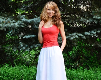 White midi skirt, White cotton skirt with pockets, White cotton skirt, Elastic waist skirt, Cotton midi skirt, White skirt, skirt pockets