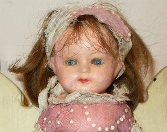 On Sale 9" Antique Primitive Paper Mache Shoulder Head Dollhouse Doll Human Hair Wig Straw Stuffed Body